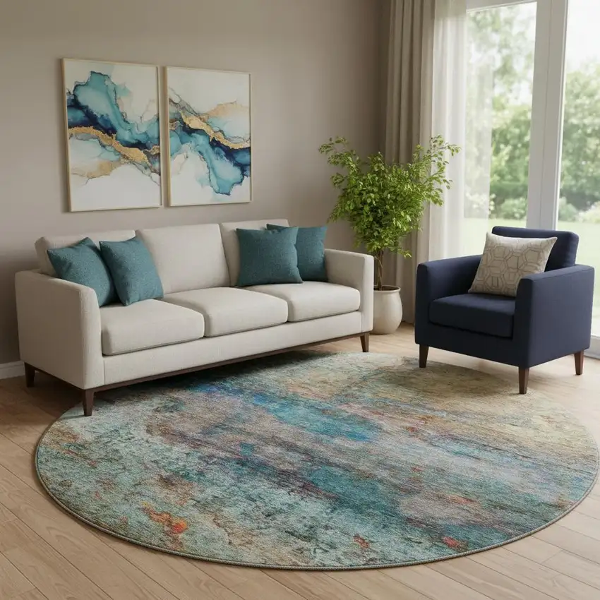 8' Teal And Beige Abstract Washable Round Rug With UV Protection Photo 2