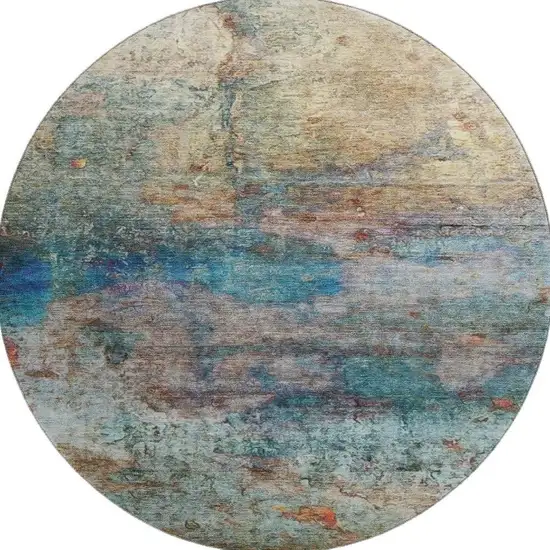 8' Teal And Beige Abstract Washable Round Rug With UV Protection Photo 4