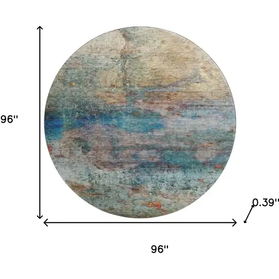 8' Teal And Beige Abstract Washable Round Rug With UV Protection Photo 8