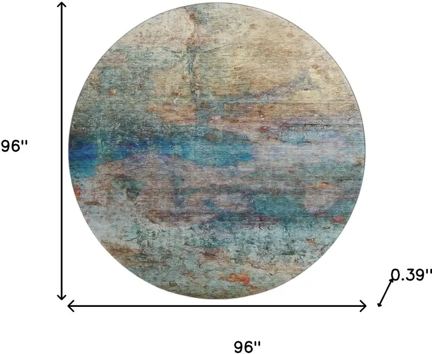 8' Teal And Beige Abstract Washable Round Rug With UV Protection Photo 8