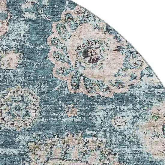 8' Teal And Beige Floral Washable Round Rug With UV Protection Photo 3