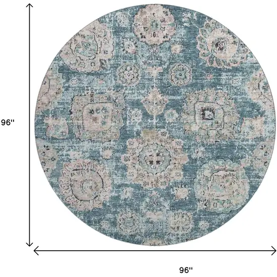 8' Teal And Beige Floral Washable Round Rug With UV Protection Photo 3