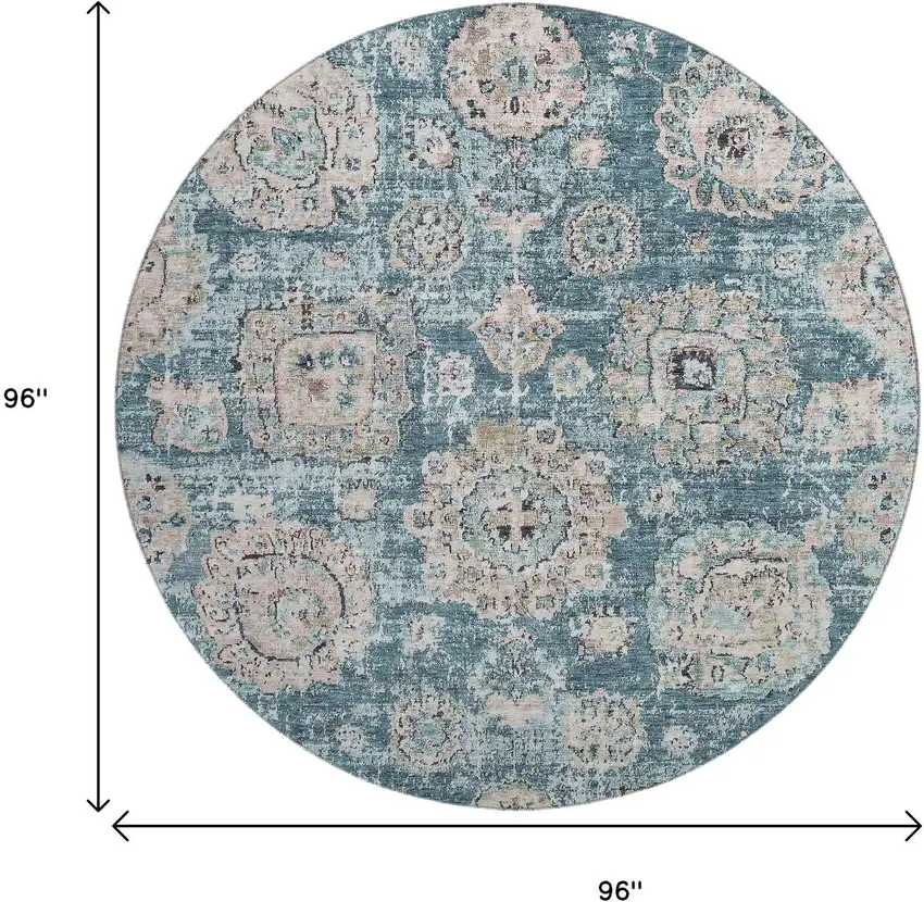 8' Teal And Beige Floral Washable Round Rug With UV Protection Photo 3