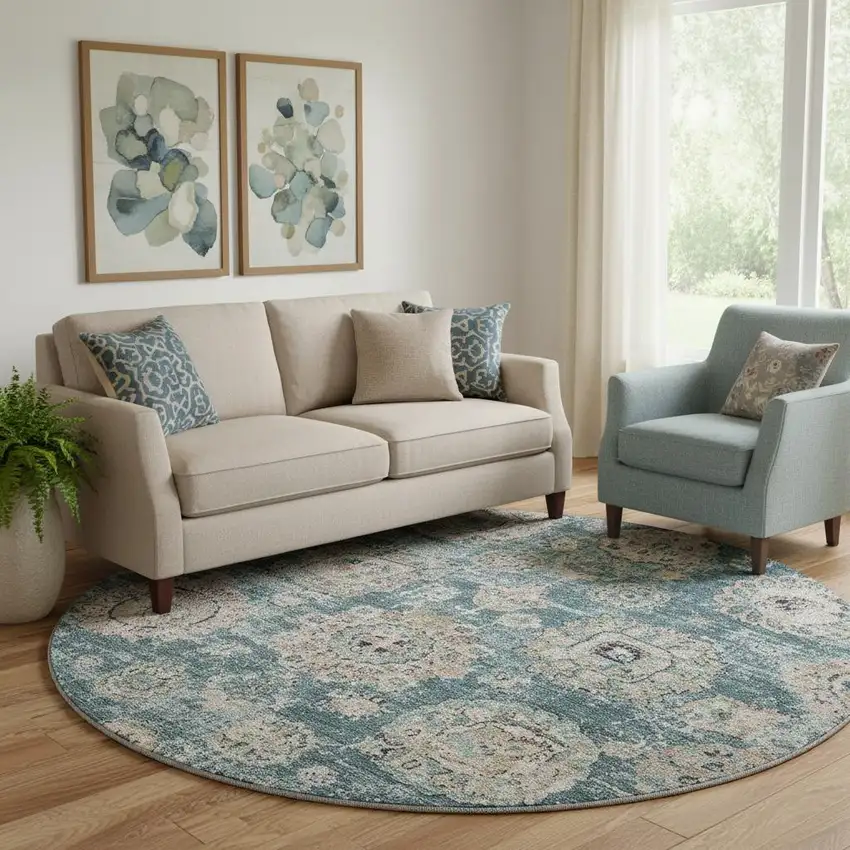 8' Teal And Beige Floral Washable Round Rug With UV Protection Photo 1