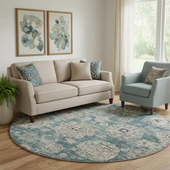 8' Teal And Beige Floral Washable Round Rug With UV Protection Photo 1