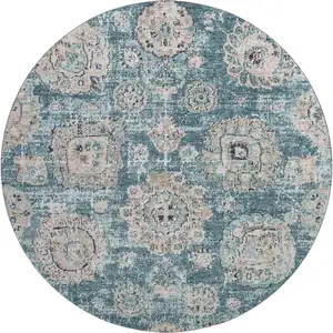 Photo of 8' Teal And Beige Floral Washable Round Rug With UV Protection