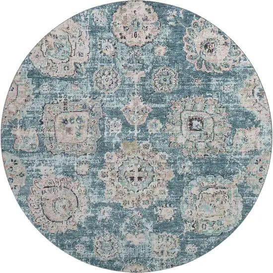 8' Teal And Beige Floral Washable Round Rug With UV Protection Photo 1