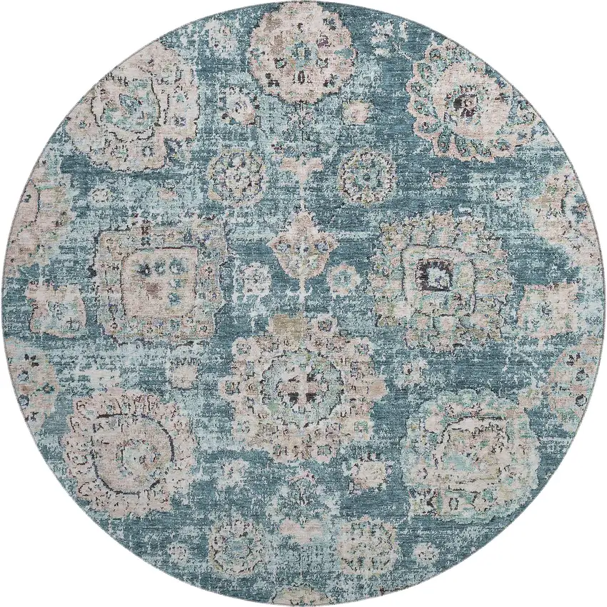 8' Teal And Beige Floral Washable Round Rug With UV Protection Photo 1