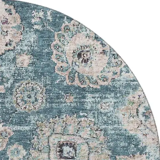 8' Teal And Beige Floral Washable Round Rug With UV Protection Photo 4