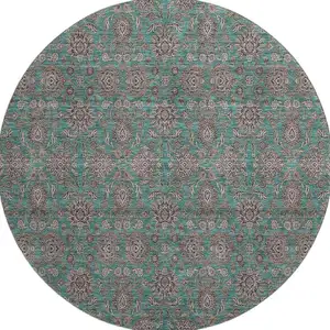 Photo of 8' Teal And Beige Floral Washable Round Rug With UV Protection