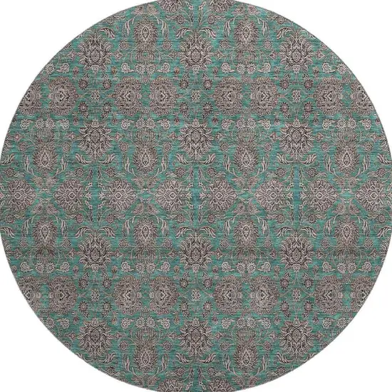 8' Teal And Beige Floral Washable Round Rug With UV Protection Photo 1