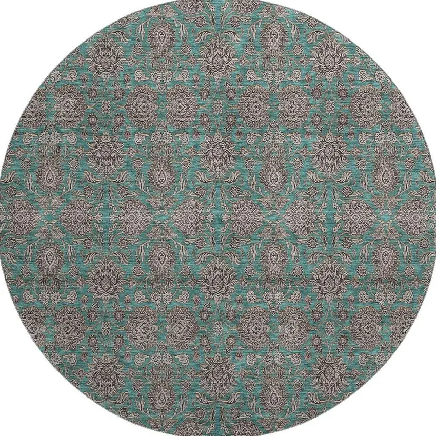 8' Teal And Beige Floral Washable Round Rug With UV Protection Photo 1