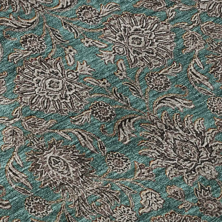 8' Teal And Beige Floral Washable Round Rug With UV Protection Photo 9