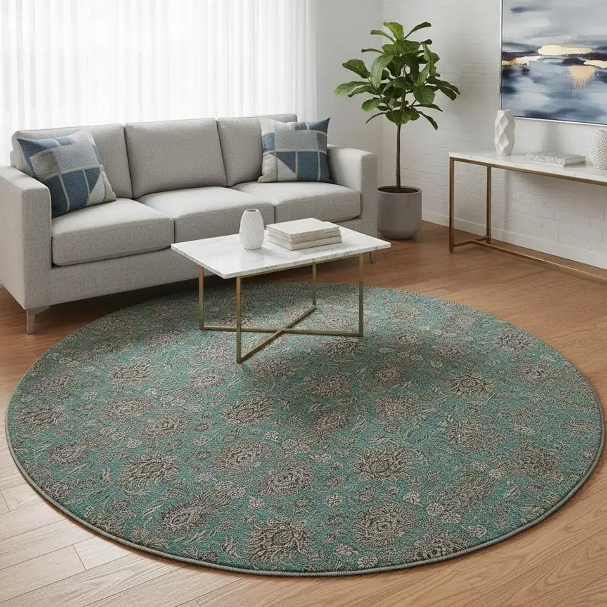 8' Teal And Beige Floral Washable Round Rug With UV Protection Photo 2