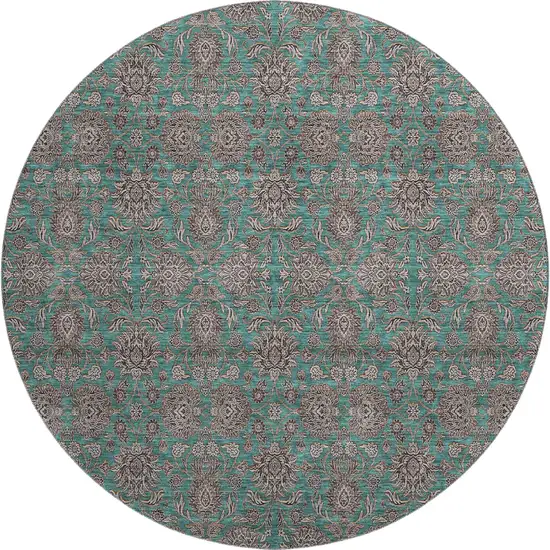 8' Teal And Beige Floral Washable Round Rug With UV Protection Photo 5