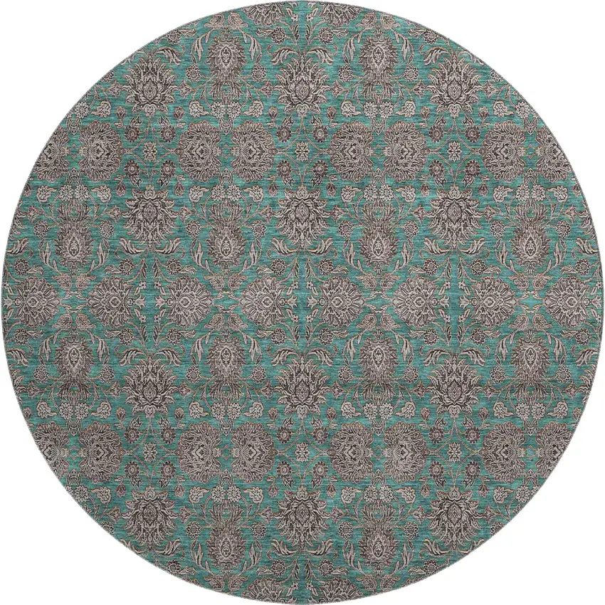 8' Teal And Beige Floral Washable Round Rug With UV Protection Photo 5