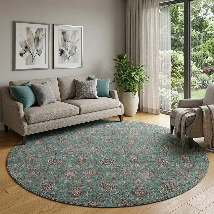 8' Teal And Beige Floral Washable Round Rug With UV Protection Photo 1