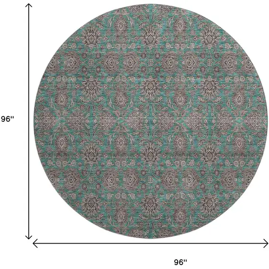 8' Teal And Beige Floral Washable Round Rug With UV Protection Photo 4