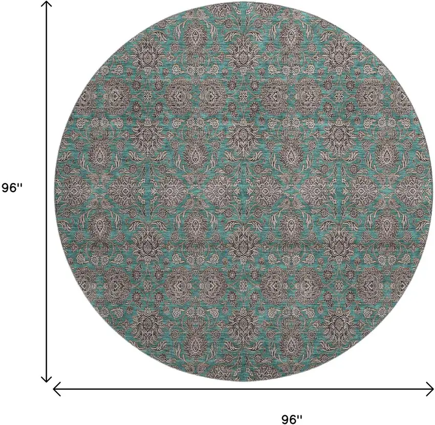 8' Teal And Beige Floral Washable Round Rug With UV Protection Photo 4