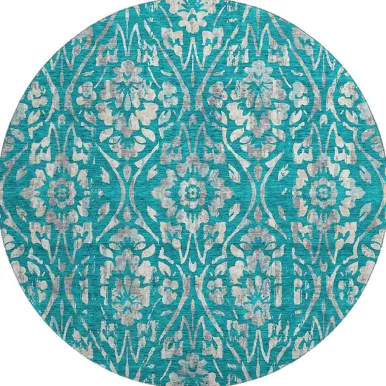 8' Teal And Beige Floral Washable Round Rug With UV Protection Photo 3