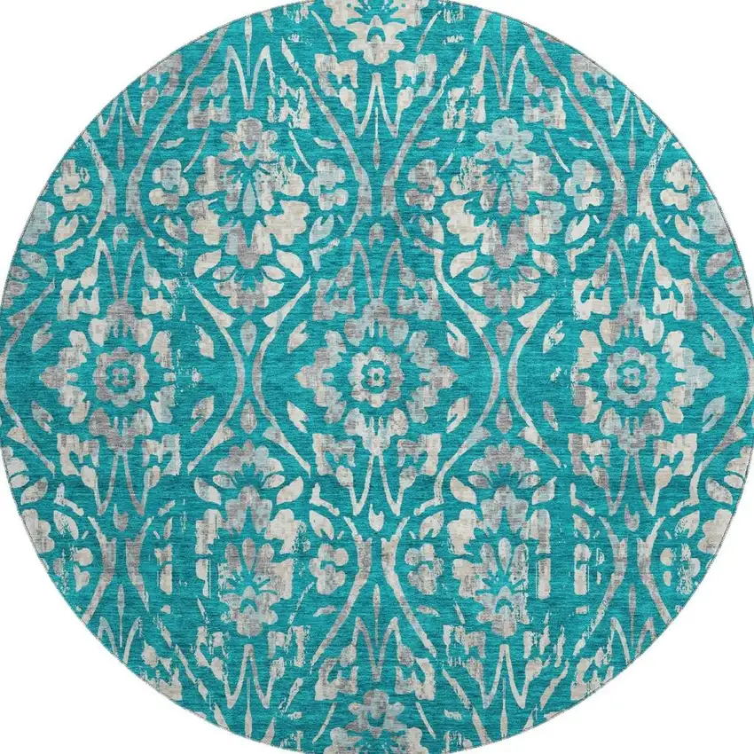 8' Teal And Beige Floral Washable Round Rug With UV Protection Photo 3