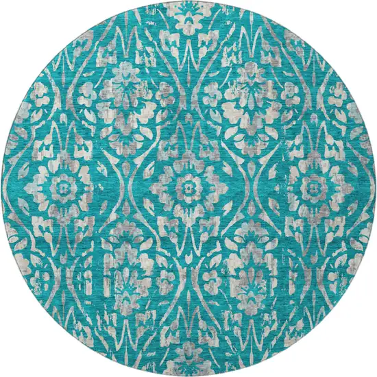 8' Teal And Beige Floral Washable Round Rug With UV Protection Photo 4