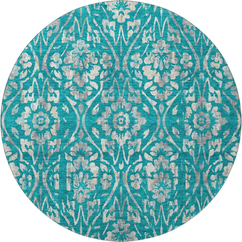 8' Teal And Beige Floral Washable Round Rug With UV Protection Photo 4