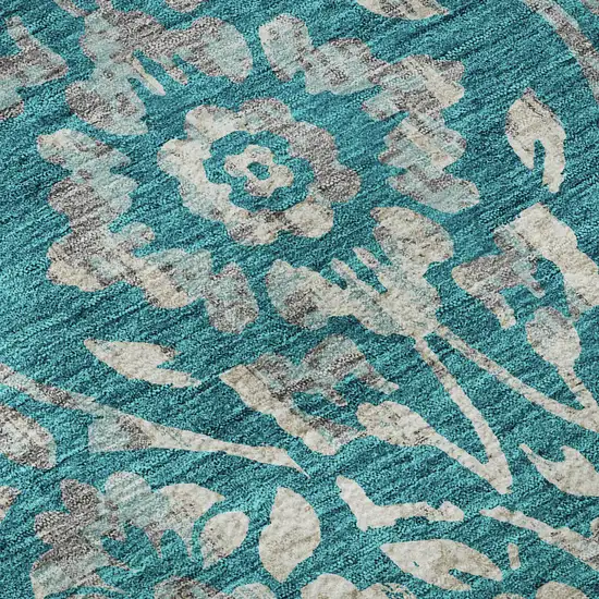 8' Teal And Beige Floral Washable Round Rug With UV Protection Photo 9