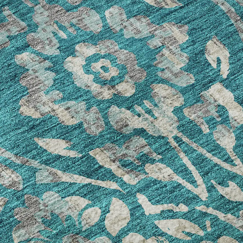 8' Teal And Beige Floral Washable Round Rug With UV Protection Photo 9