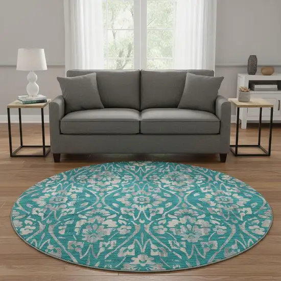 8' Teal And Beige Floral Washable Round Rug With UV Protection Photo 2