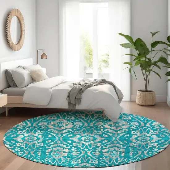 8' Teal And Beige Floral Washable Round Rug With UV Protection Photo 5