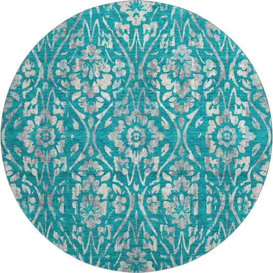8' Teal And Beige Floral Washable Round Rug With UV Protection Photo 1