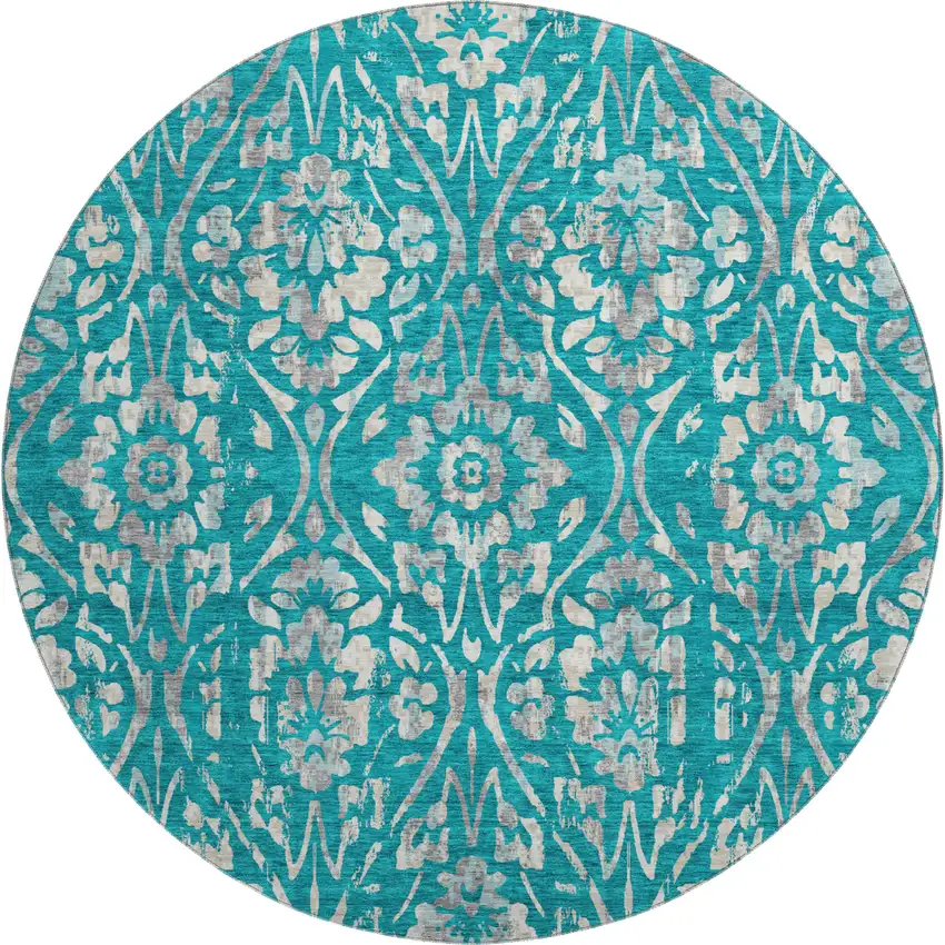 8' Teal And Beige Floral Washable Round Rug With UV Protection Photo 1
