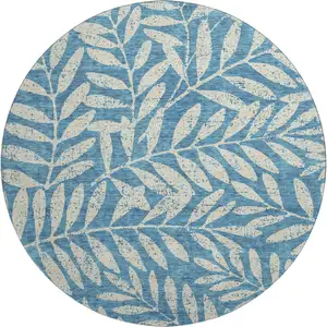 Photo of 8' Teal And Beige Floral Washable Round Rug With UV Protection