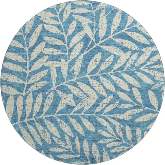 8' Teal And Beige Floral Washable Round Rug With UV Protection Photo 1
