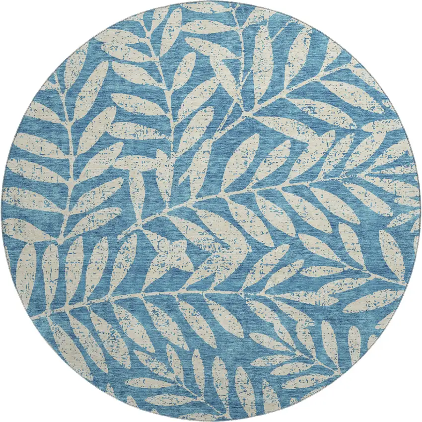 8' Teal And Beige Floral Washable Round Rug With UV Protection Photo 1