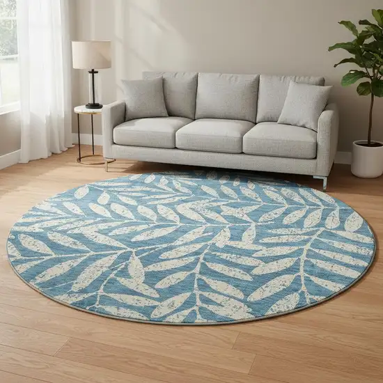 8' Teal And Beige Floral Washable Round Rug With UV Protection Photo 2