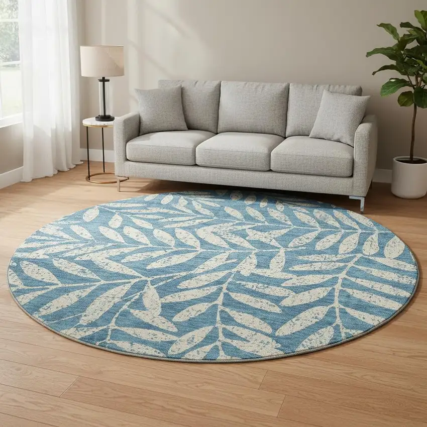 8' Teal And Beige Floral Washable Round Rug With UV Protection Photo 2