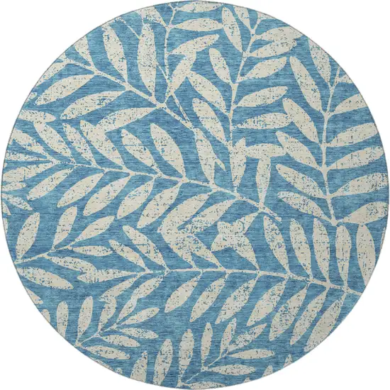 8' Teal And Beige Floral Washable Round Rug With UV Protection Photo 4
