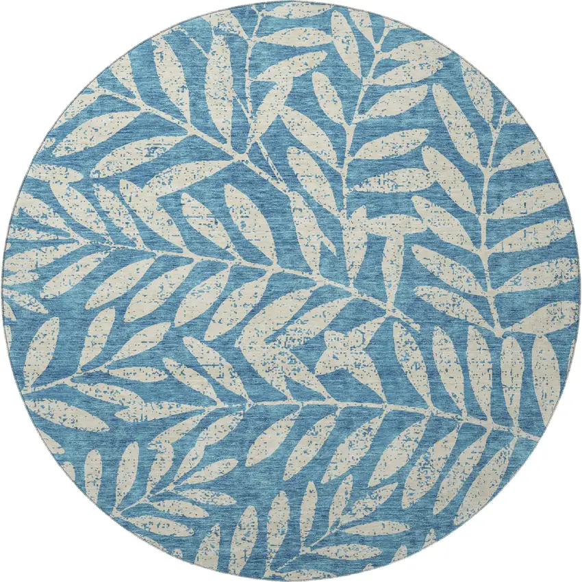 8' Teal And Beige Floral Washable Round Rug With UV Protection Photo 4