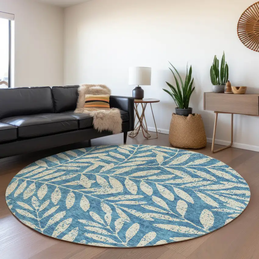 8' Teal And Beige Floral Washable Round Rug With UV Protection Photo 5