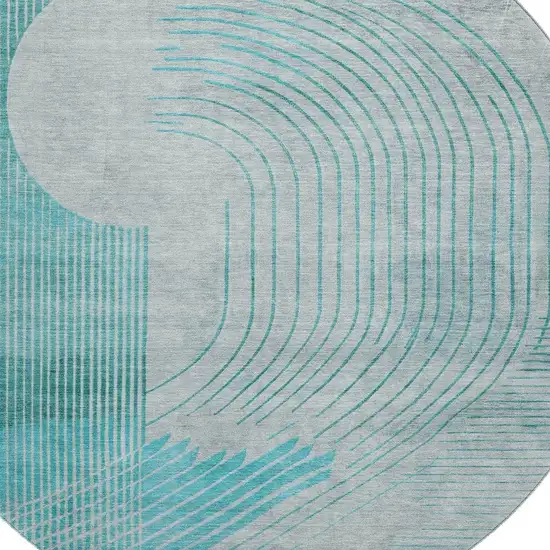 8' Teal And Beige Geometric Washable Round Rug With UV Protection Photo 3