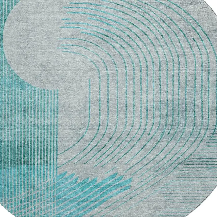 8' Teal And Beige Geometric Washable Round Rug With UV Protection Photo 3