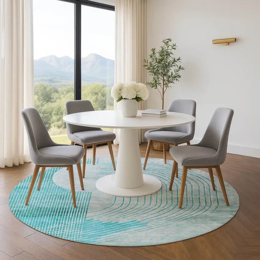8' Teal And Beige Geometric Washable Round Rug With UV Protection Photo 5