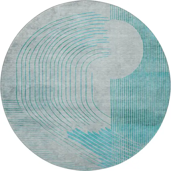 8' Teal And Beige Geometric Washable Round Rug With UV Protection Photo 4