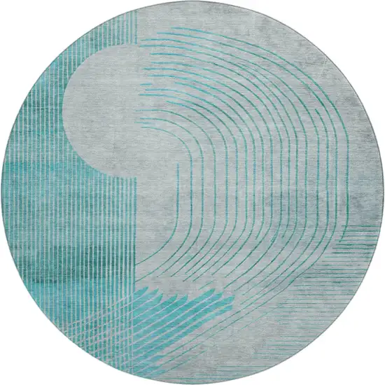 8' Teal And Beige Geometric Washable Round Rug With UV Protection Photo 1