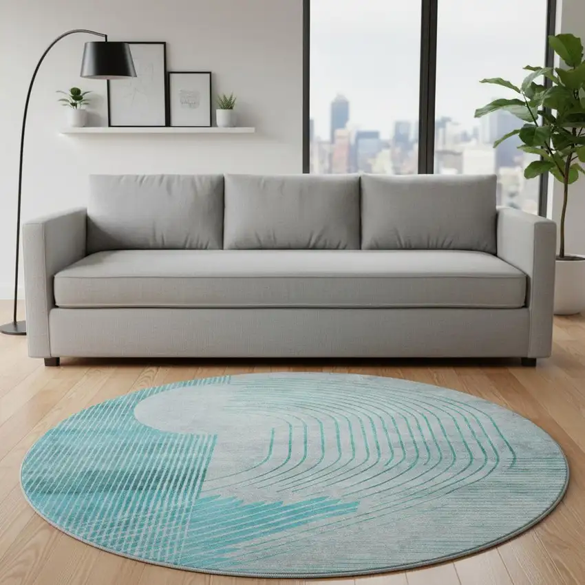 8' Teal And Beige Geometric Washable Round Rug With UV Protection Photo 2