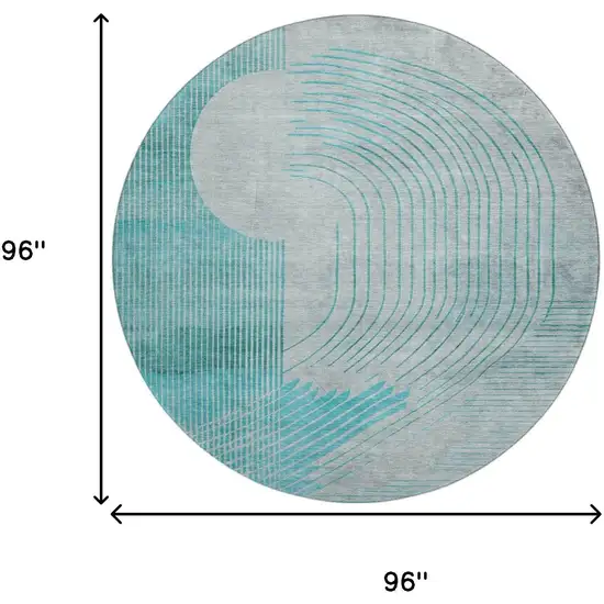 8' Teal And Beige Geometric Washable Round Rug With UV Protection Photo 9