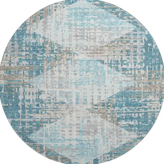 8' Teal And Beige Geometric Washable Round Rug With UV Protection Photo 3