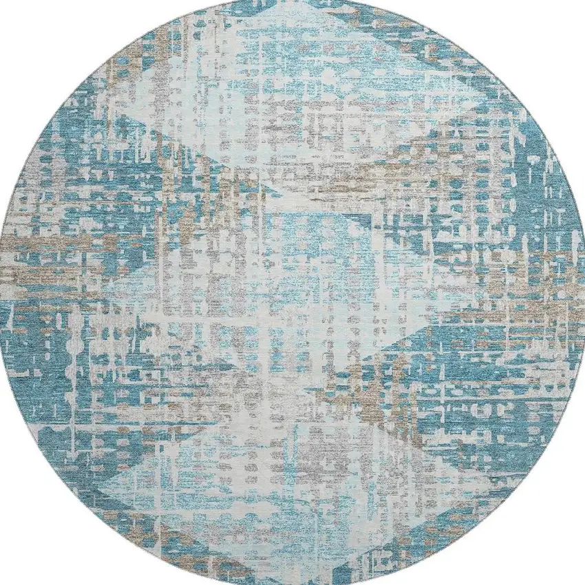 8' Teal And Beige Geometric Washable Round Rug With UV Protection Photo 3